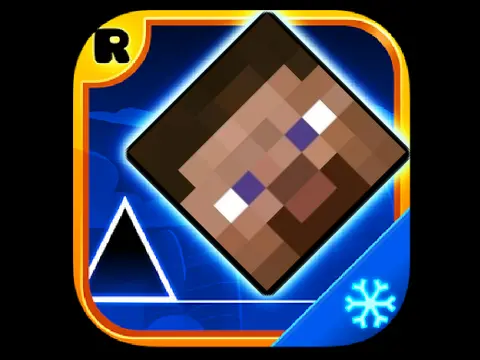 Geometry Dash character in a Minecraft-themed level, jumping over spikes