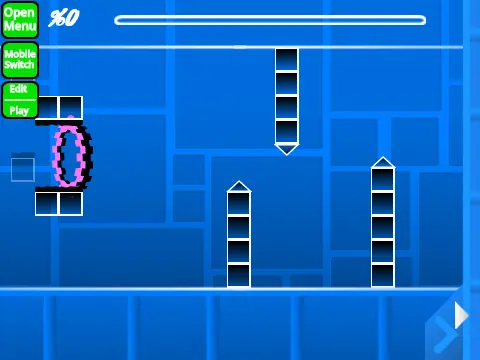 Interface of the Geometry Dash level editor showing build mode and gameplay