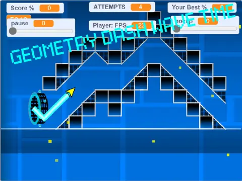 Gameplay screenshot of Geometry Dash Wave Time showing a wave character navigating past spikes and jump pads.