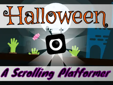 Halloween scrolling platformer game with multiplayer features and festive graphics
