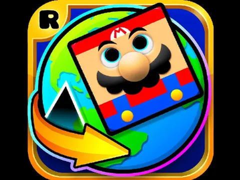 MarioDash game logo featuring Mario in a Geometry Dash style obstacle course