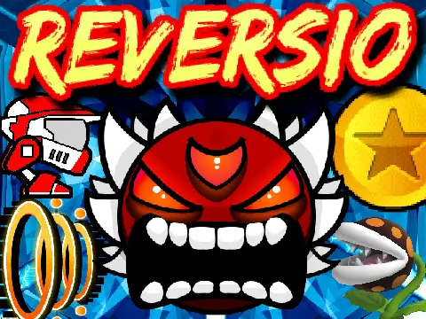 Reversio game logo and cover art featuring a character and geometric walls