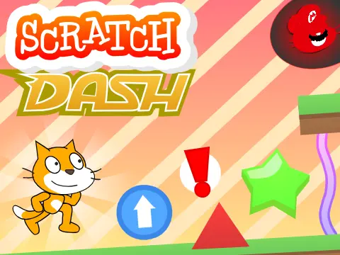 Scratch Dash auto-runner gameplay featuring Scratch Cat jumping over an obstacle