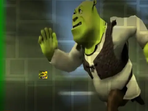Shrek character in a Geometry Dash-style platformer level