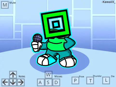 Geometry Funkin character design showing Geometry Dash icon with Friday Night Funkin style body