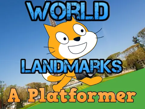 World Landmarks A Platformer game cover featuring a cat and global landmarks
