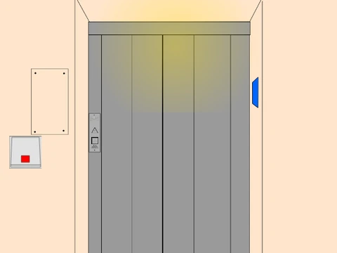1960s elevator interior showing vintage controls with character climbing through apartment building shaft