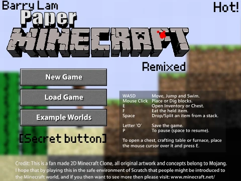Paper Minecraft 2D gameplay showing papercraft characters and 2D mining