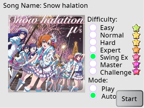 Snow Halation LLSIF rhythm game screenshot with note buttons