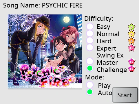 Love Live School Idol Festival PSYCHIC FIRE rhythm game simulator screen with note chart and idols