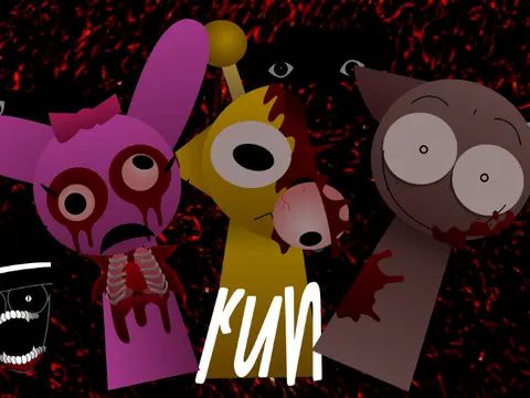 Logo for 13 Incredibox - Sprunki Pyramix Swapp mod, featuring a gore warning and bonus characters