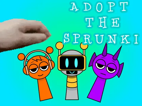 Adopt The Sprunki pet adoption game logo with cute Sprunki characters