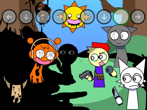 ays sprunki glitchy but oscarfied game showing glitch visual effects and Oscar-inspired character designs