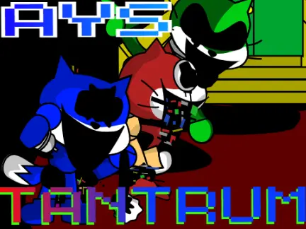 Logo for AYS Tantrum v3 FNF mod featuring Sprunki Black and Scratch Cat Jr. characters