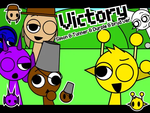 Logo for the AYS Victory Friday Night Funkin animation featuring Simon, Tunner, Durple, and Brud