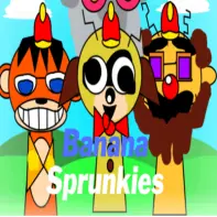Banana Sprunkis Game Logo featuring yellow Sprunki characters with banana costumes