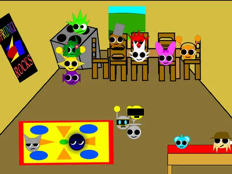 Cute Sprunki Daycare game logo featuring adorable Sprunki characters in a daycare setting