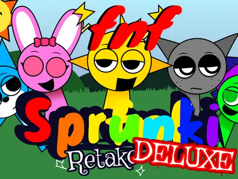FNF Sprunki Retake Deluxe official game logo featuring Sprunki characters