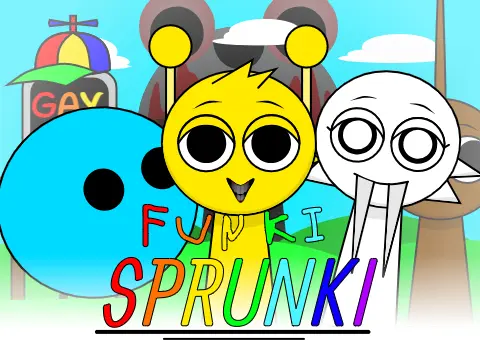 Funki Sprunki mod interface showing customized character sprites and sound controls