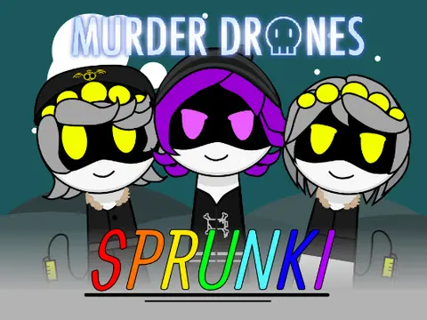 Logo for the Sprunki Murder Drones V2 mod game featuring characters from Glitch Productions