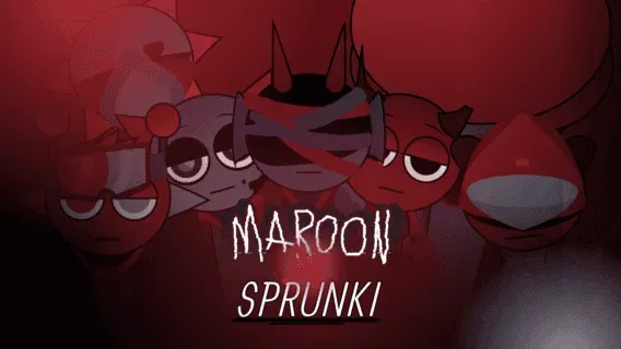Maroon Sprunki Game Logo featuring dark red characters