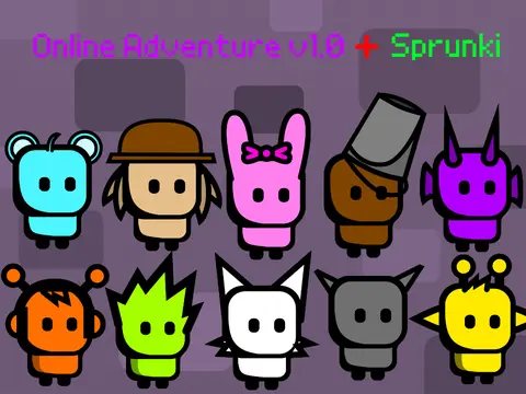 Online Adventure V Sprunki multiplayer interface showing sprunki characters in battle