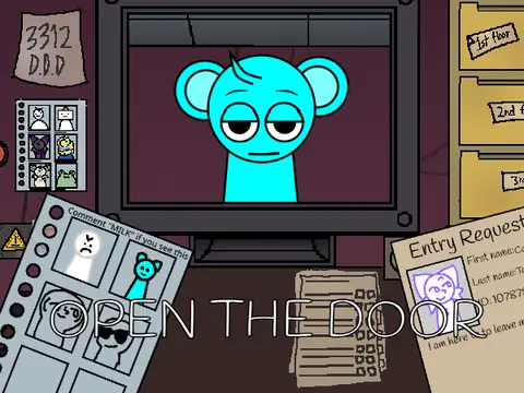 Interactive animation meme logo featuring Sprunki character Sky from the Open The Door meme
