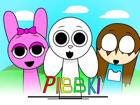 Pibbki and Sprunki collaboration game interface showing character creation and glitch effects