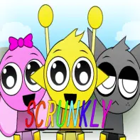 Scrunkly Revamped Game Logo - Dark purple background with glowing Sprunki characters