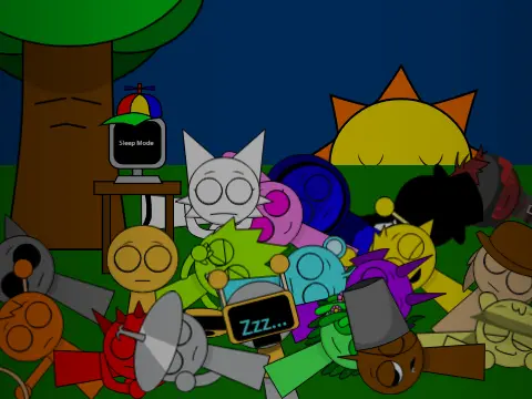 Sleeping Sprunki characters in peaceful game scene