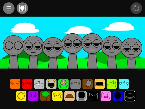 Sprunki 8997 game interface showing characters like Durple, Sun, and Computer