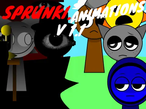 Animated Sprunki characters in motion with various expressions and poses