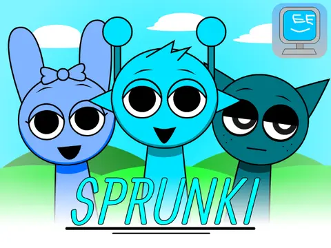 Sprunki Blue Computer Game Logo - Futuristic Computer-Themed Characters