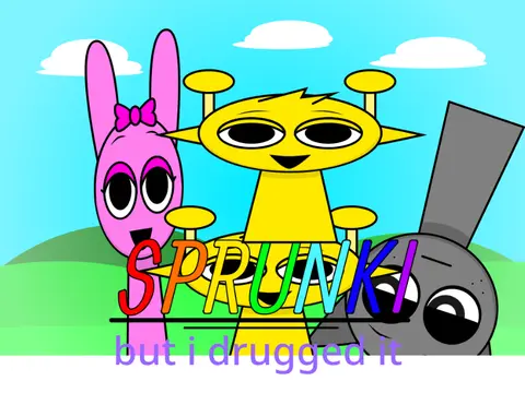 Sprunki But I Drugged It game logo with surreal Sprunki characters