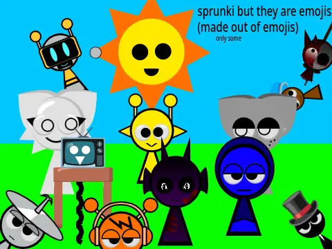 Minified vector version of Sprunki characters including horror black, Mr. fun computer, and purple forms