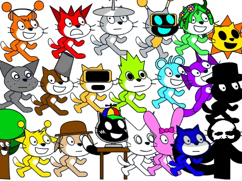Sprunki characters transformed into Scratch Cat versions