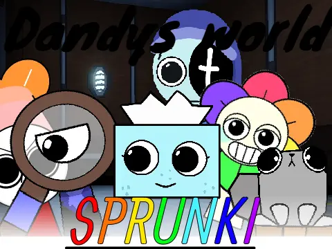 Official artwork for Sprunki Dandys World Remix game featuring enhanced characters and vibrant colors