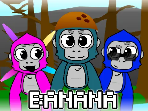 Sprunki Gorilla Tag Game Logo - Colorful Sprunki characters climbing in VR environment