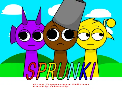 Official logo for Sprunki Gray Treatment Friendly Edition showing the friendly gray sprunki character