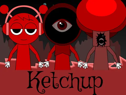Official logo for Sprunki Ketchup But Benjixscarlett mod game featuring ketchup-themed Sprunki characters in benjixscarlett style
