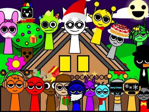 Sprunki Merry Christmas Edition Logo featuring festive characters