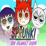 Sprunki on Planet Dom Game Logo - Colorful characters exploring alien world