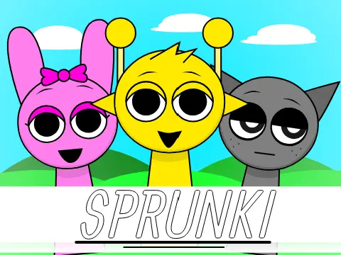 Sprunki character interacting with a glitched Mr Fun Computer in Scratch game