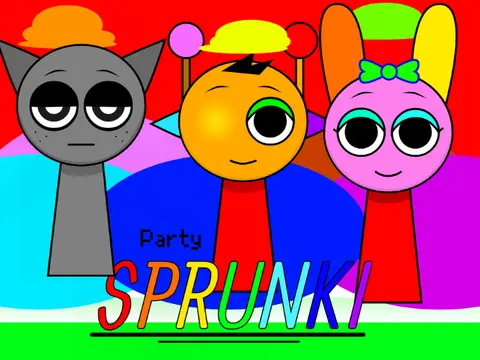 Sprunki Party Game Logo - Colorful Sprunki Characters Dancing
