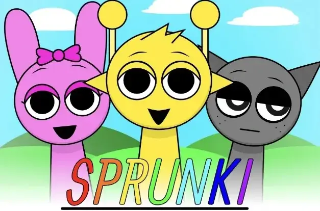 Colorful Sprunki character jumping across musical notes with smiling enemies in background