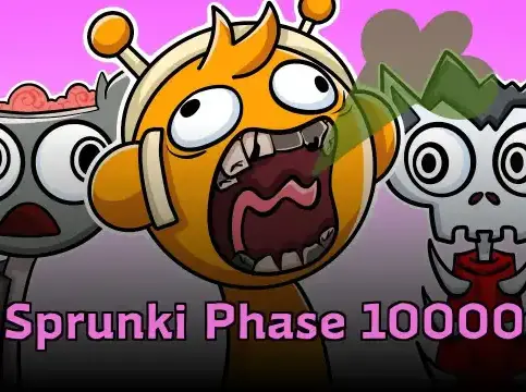 Colorful Sprunki characters dancing with music notes in Phase 10000 game