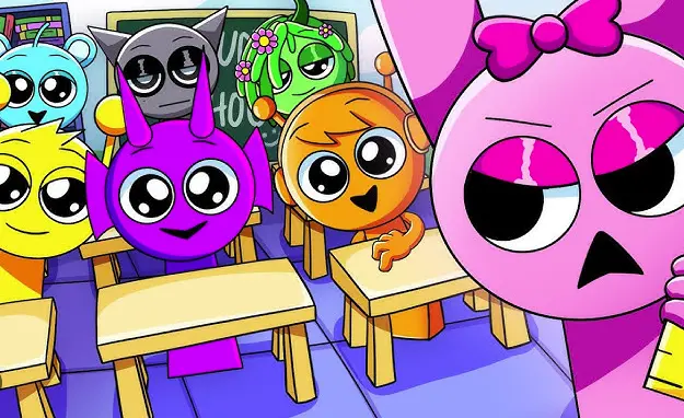 Children playing Sprunki Phase 20 with colorful interface showing all 20 characters