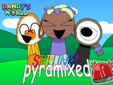 Official logo for Sprunki Piramixed but Dandy\'s World game featuring Sprunki characters in Dandy\'s World style