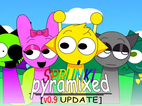 Sprunki Pyramid Game Logo - Ancient pyramid with Sprunki characters exploring
