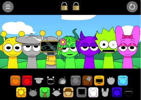 Gameplay screenshot of Sprunki Pyramixed Scratch showing new characters and horror elements